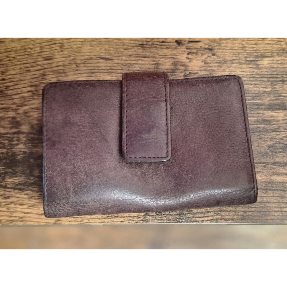 Vintage Genuine Leather Wallet Tab Snap Closure Burgundy Brown Card Holder Sharp